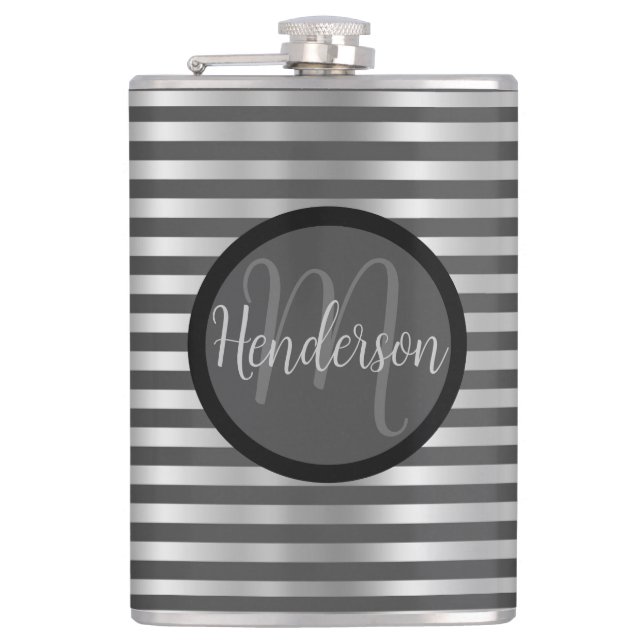 Silver and Grey Striped Monogram Hip Flask (Front)