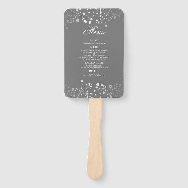 Silver and Grey Wedding Menus Hand Fan (Front)