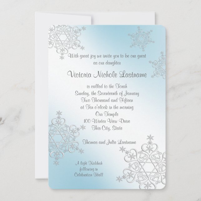 Silver and Ice Blue Snowflakes Bat Mitzvah Invitation (Front)