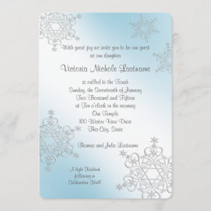 Silver and Ice Blue Snowflakes Bat Mitzvah Invitation