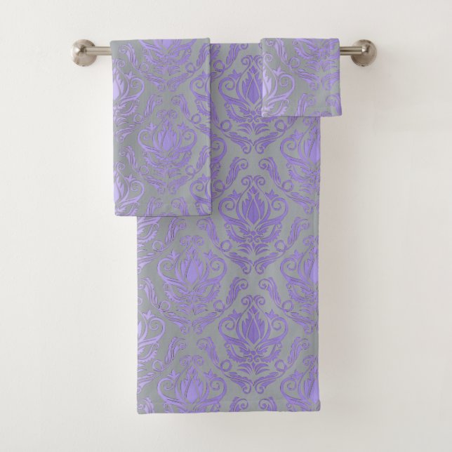 Silver and Lavender Damask Print Towel Set (Insitu)