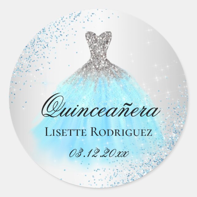 Silver And Light Blue Quinceanera Classic Round Sticker (Front)