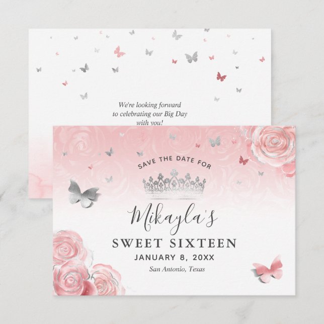 Silver and Light Blush Pink Roses Elegant Save The Date (Front/Back)