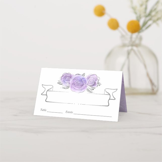 Silver and Light Purple Roses Elegant Place Card (Front)