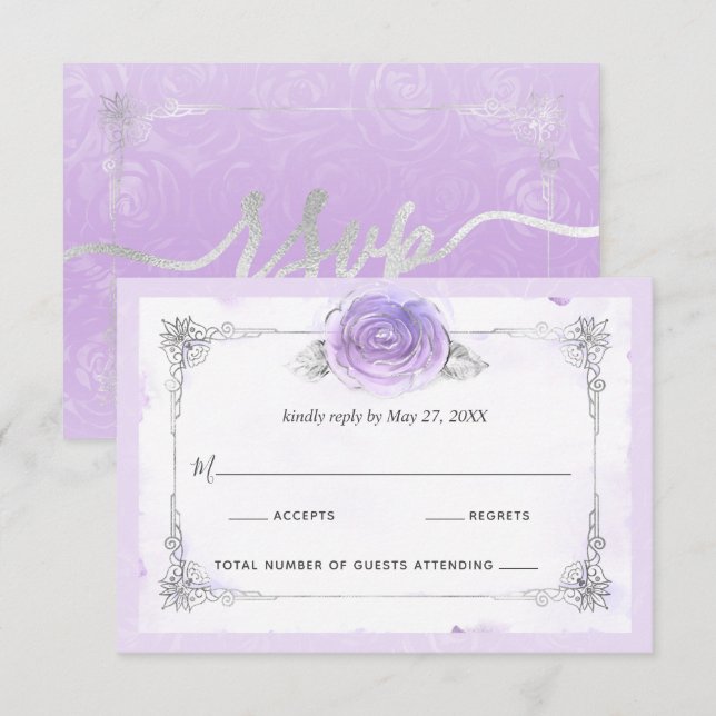 Silver and Light Purple Roses Elegant RSVP Card (Front/Back)