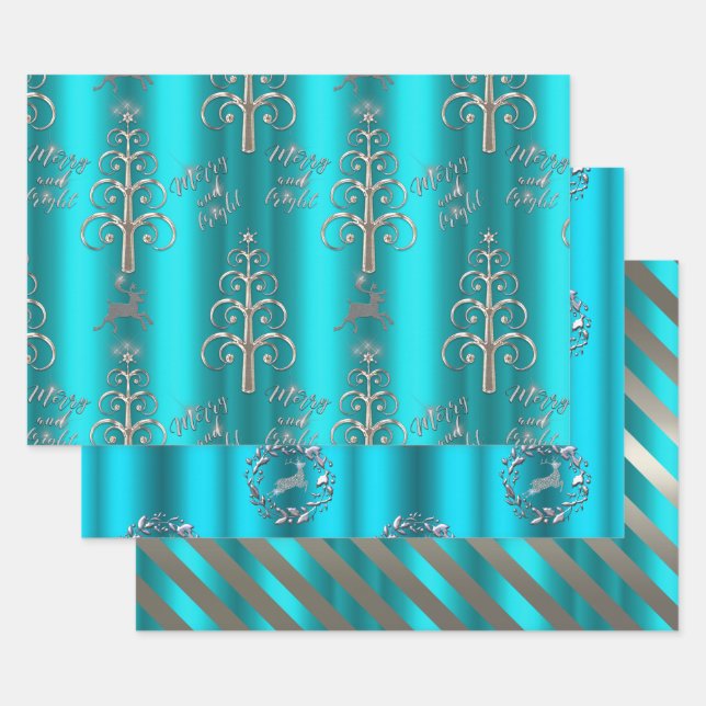Silver and Metallic Aqua Christmas Wrapping Paper Sheet (Set)