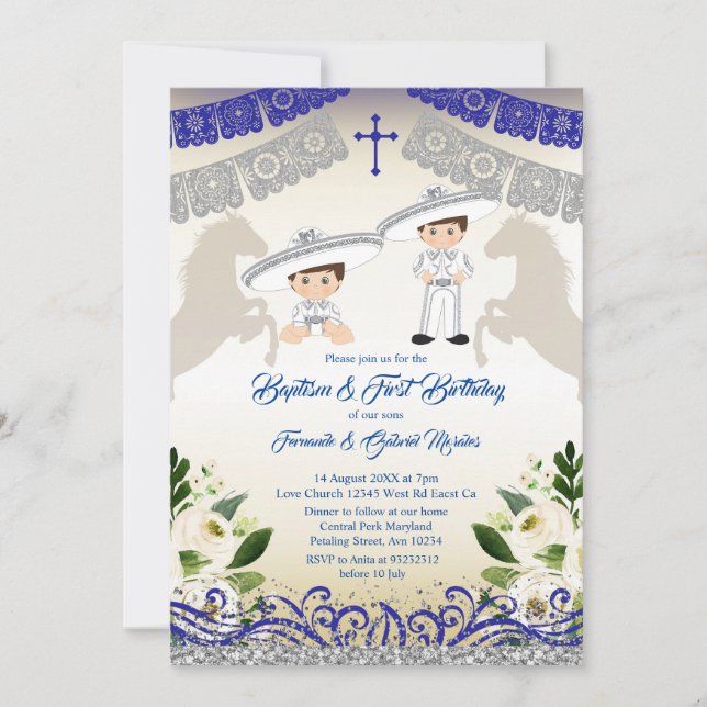 Silver and Navy Blue Boy Baptism and Birthday Invitation (Front)