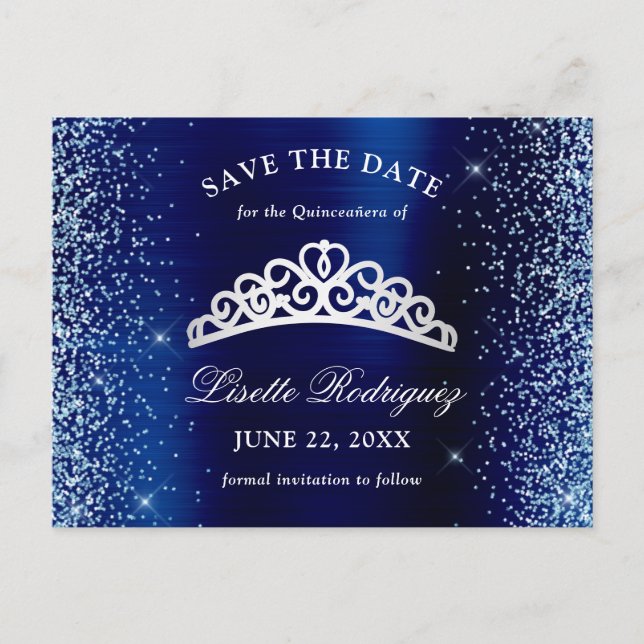 Silver And Navy Blue Quinceanera Save The Date Postcard (Front)