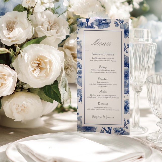 Silver And Navy Blue Wedding Flat Menu (Créateur téléchargé)