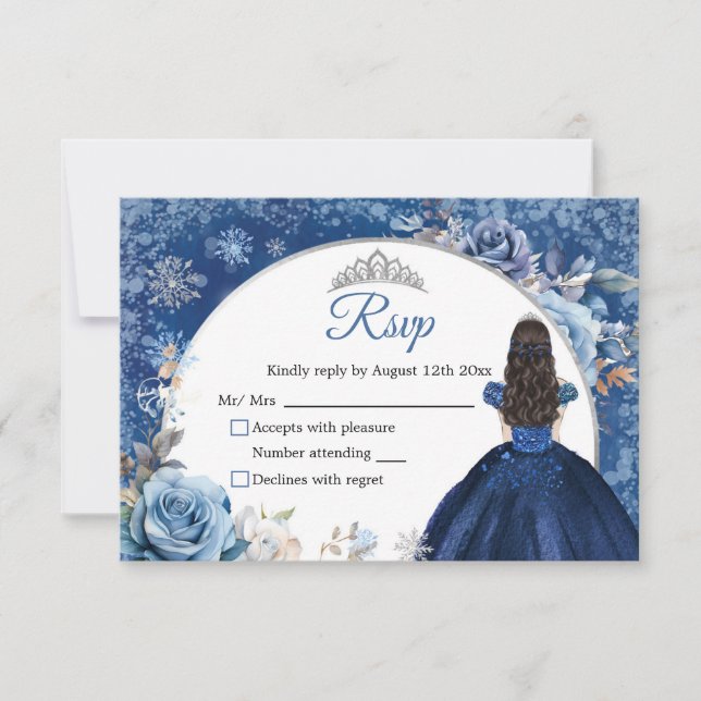 Silver and Navy Blue Winter Snowflake Quinceanera RSVP Card (Front)