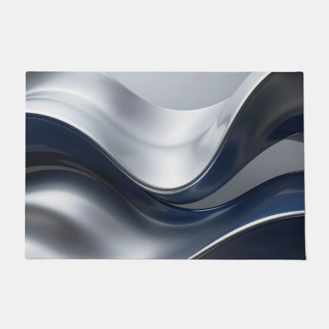 Silver And Navy Fluid Waves Abstract Modern Design Doormat (Front)
