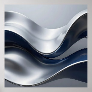 Silver And Navy Fluid Waves Abstract Modern Design Poster