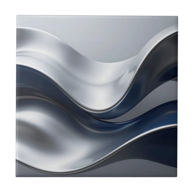 Silver And Navy Fluid Waves Abstract Modern Design Tile (Front)