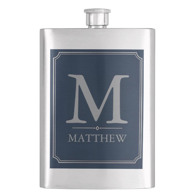 Silver and Navy Monogram Design Hip Flask (Front)