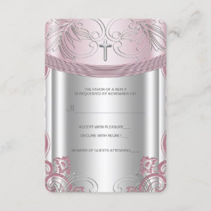 Silver and Pink Baby Girl Christening RSVP Card