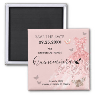 Silver and Pink Dress Quinceanera Save the Date Magnet