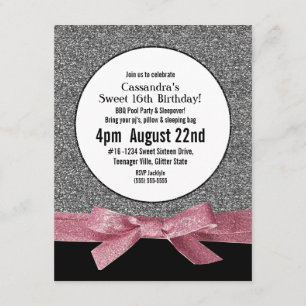 Silver and Pink Faux Glitter Girly Party Invitation