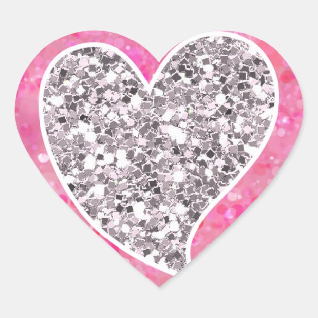 Silver and Pink Glittery Hearts Heart Sticker (Front)