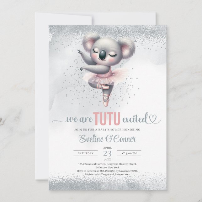 Silver and pink tutu dress baby koala ballerina invitation (Front)