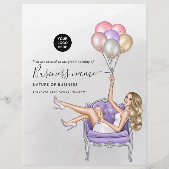 Silver and Purple Balloon Party Girl Grand Opening Flyer (Front)