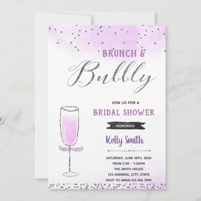 Silver and purple brunch and bubbly theme invitation (Front)