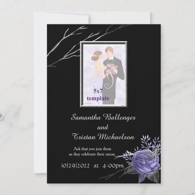 Silver and Purple Butterfly Roses Elegant Wedding Invitation (Front)