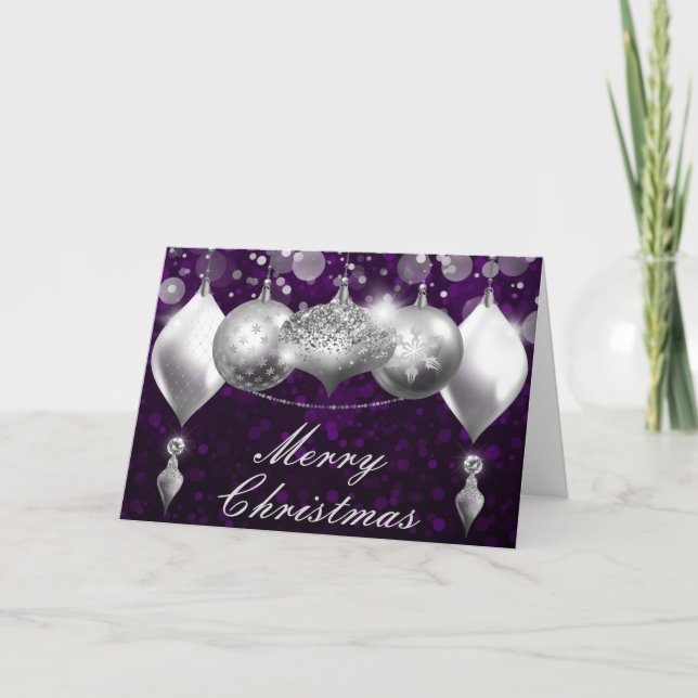 Silver and Purple Christmas Baubles Ornaments Holiday Card (Front)