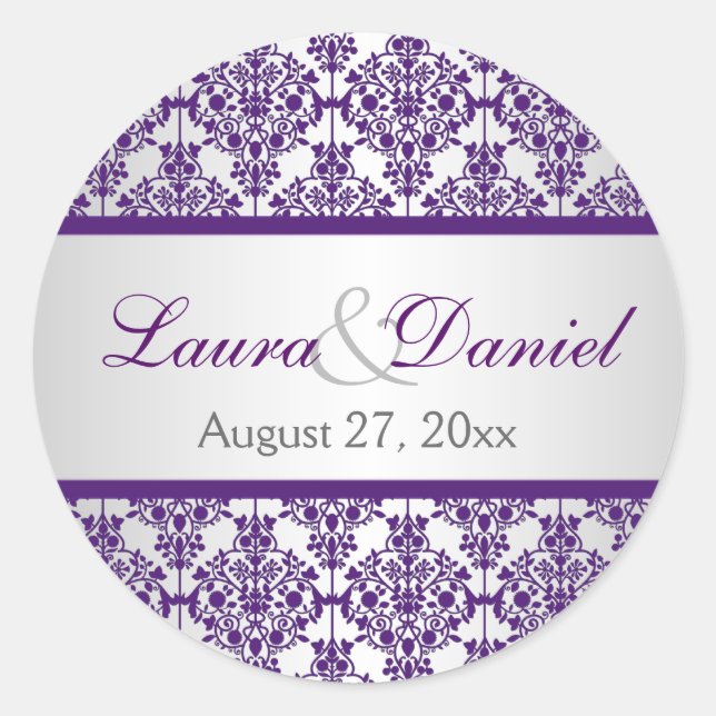 Silver and Purple Damask 1.5" Wedding Sticker (Front)