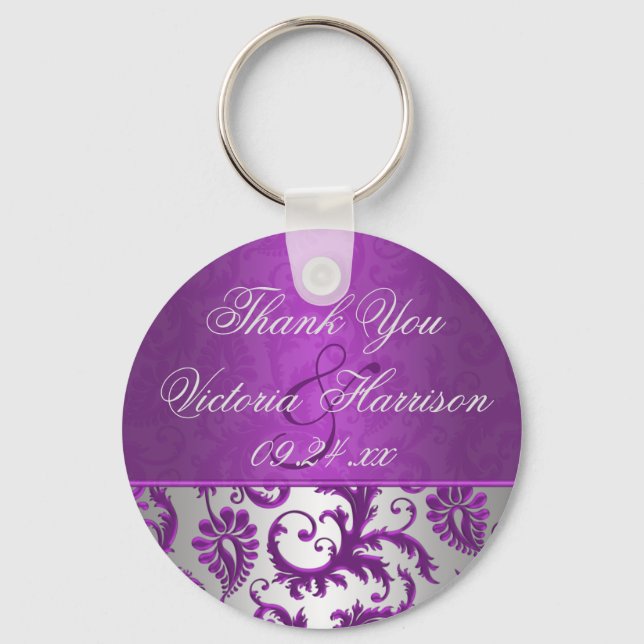 Silver and Purple Damask II Wedding Favour Keychai Keychain (Front)