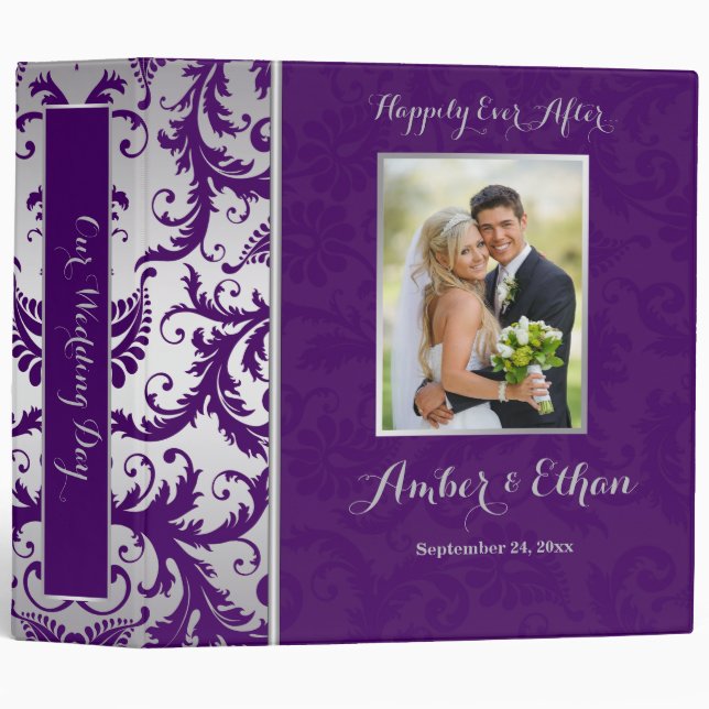 Silver and Purple Damask Wedding Binder/Album Binder (Front/Spine)