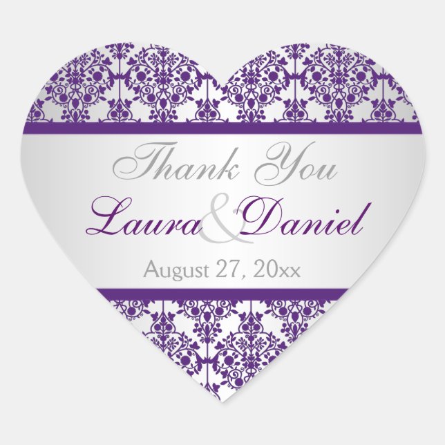 Silver and Purple Damask Wedding Favour Sticker (Front)