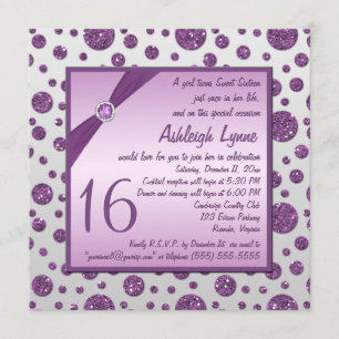 Silver and Purple Glitter Polka Dot Sweet Sixteen Invitation