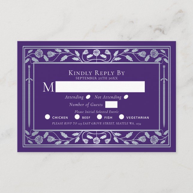 Silver and Purple Medieval Sword Wedding RSVP  Enclosure Card (Front)