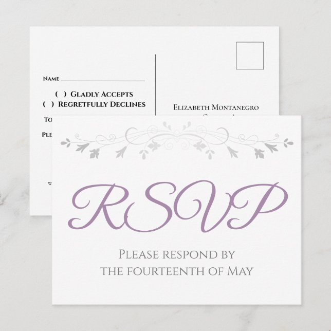 Silver and Purple Simple Elegance Wedding RSVP Postcard (Front/Back)