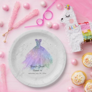 Silver and rainbow dress glitter sweet sixteen paper plate
