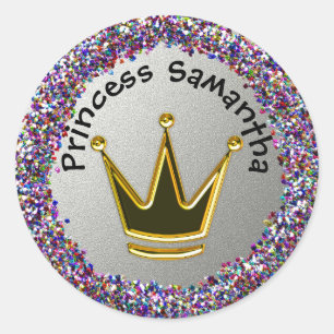 Silver and Rainbow Glitter Golden Crown Classic Round Sticker