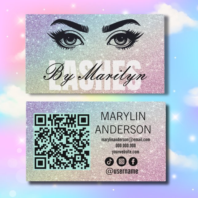 Silver and Rainbow Ombre Lash Tech QR Code Business Card (Creator Uploaded)
