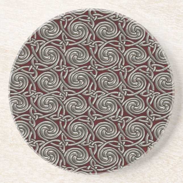 Silver And Red Celtic Spiral Knots Pattern Coaster (Front)