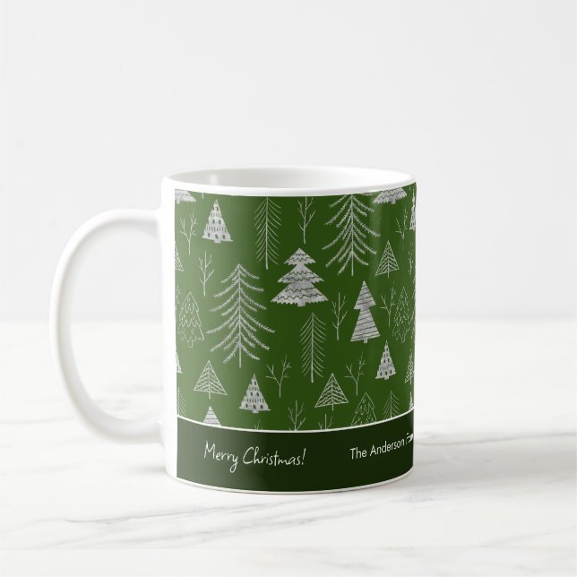 Silver and Red Christmas Tree Forest Pattern Coffee Mug (Left)