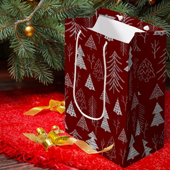 Silver and Red Christmas Tree Forest Pattern Medium Gift Bag (Creator Uploaded)