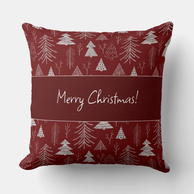 Silver and Red Christmas Tree Forest Pattern Throw Pillow (Front)