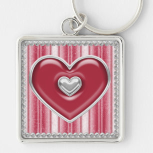 Silver and Red Filled Hearts Customizable Keychain