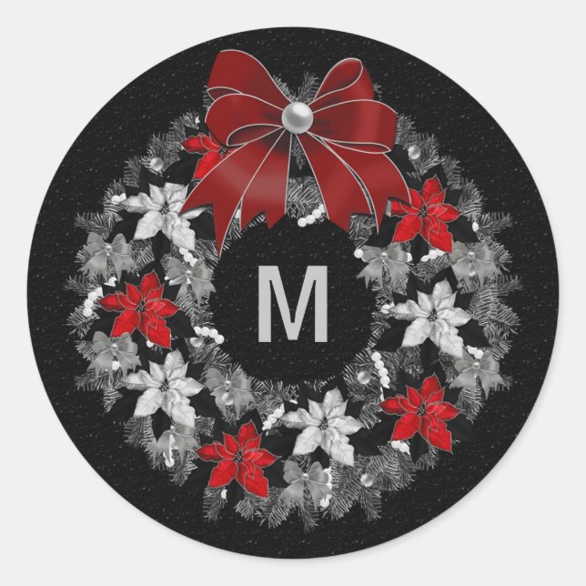 Silver and Red Holiday Wreath with Monogram Classic Round Sticker (Front)