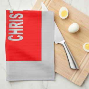 Silver And Red Merry Christmas Kitchen Towel