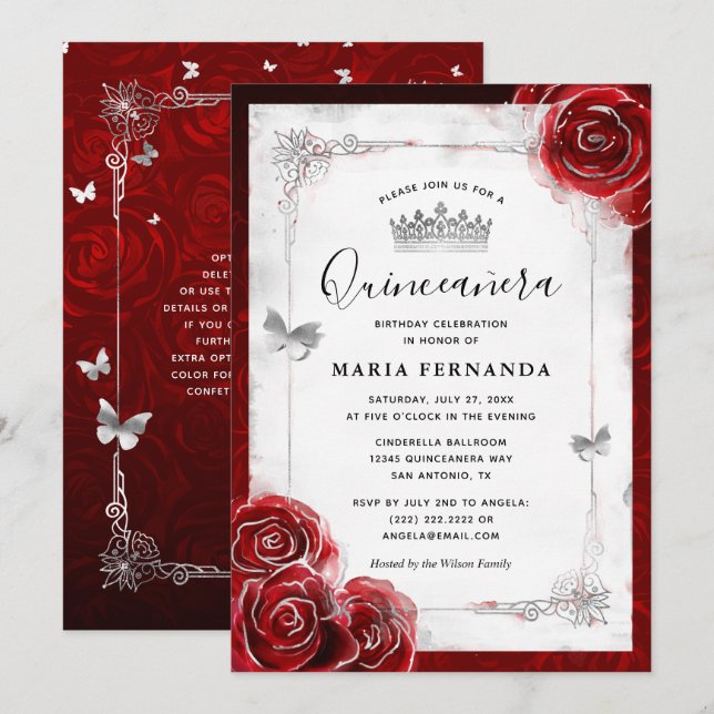 Silver and Red Rose Elegant Quinceanera Invitation (Front/Back)