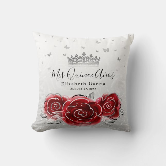 Silver and Red Rose Quinceanera Mis Quince Anos Throw Pillow (Front)