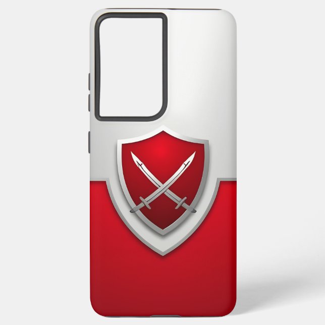 Silver and Red Shield with Crossed Swords Samsung Galaxy S21+ Case (Back)