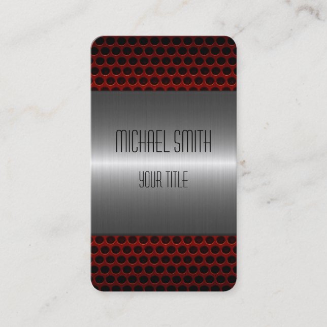 Silver and Red Stainless Steel Metal Hole Business Card (Front)