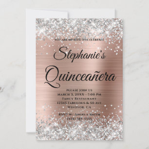 Silver and Rose Gold Fancy Monogram Quinceañera Invitation