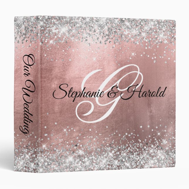 Silver and Rose Gold Fancy Monogram Wedding Binder (Front/Spine)